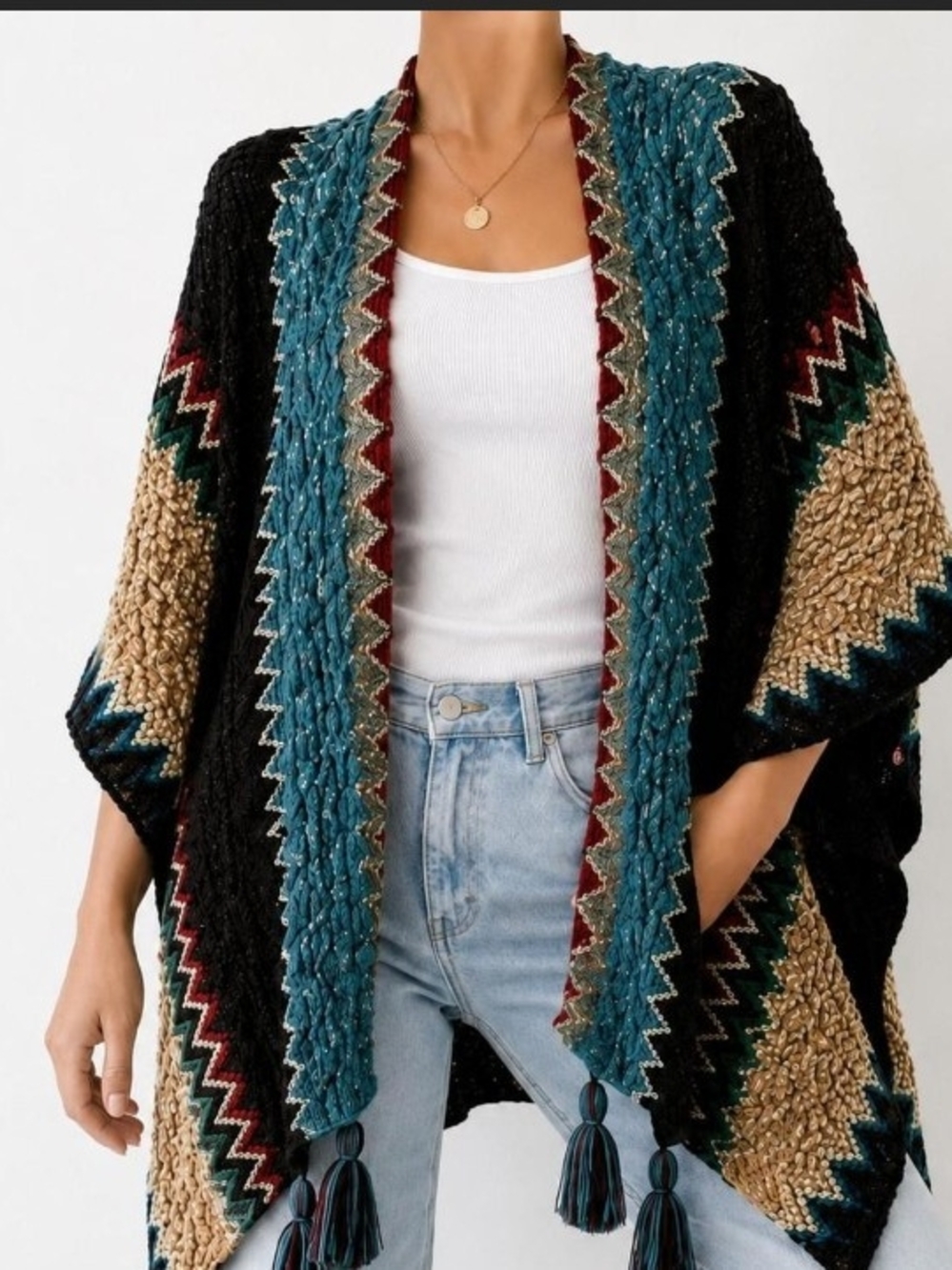 Boho Eclectic Artsy Textured Knit Tassel Poncho Cardigan